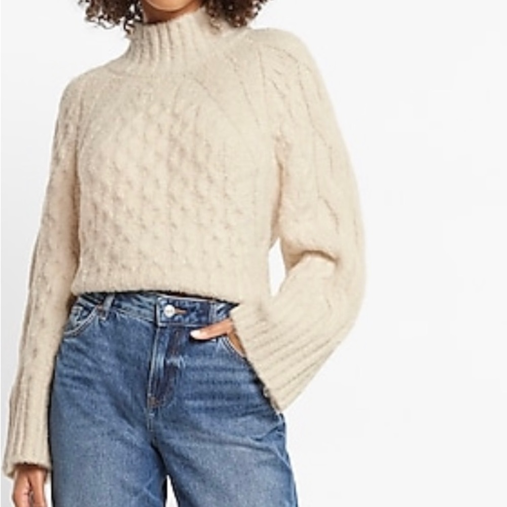 Woman express Cozy Cable Knit Mock Neck Sweater Color: SANDSHELL small